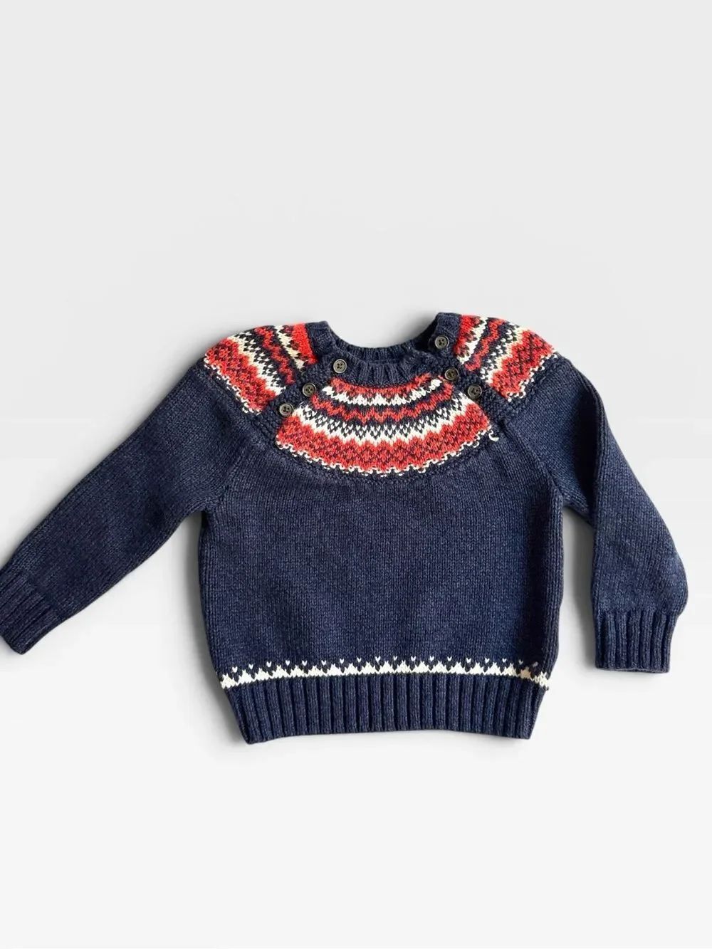 Ralph Lauren Baby Sweater Blue Nordic Fair Isle Button Shoulder 18M Cotton